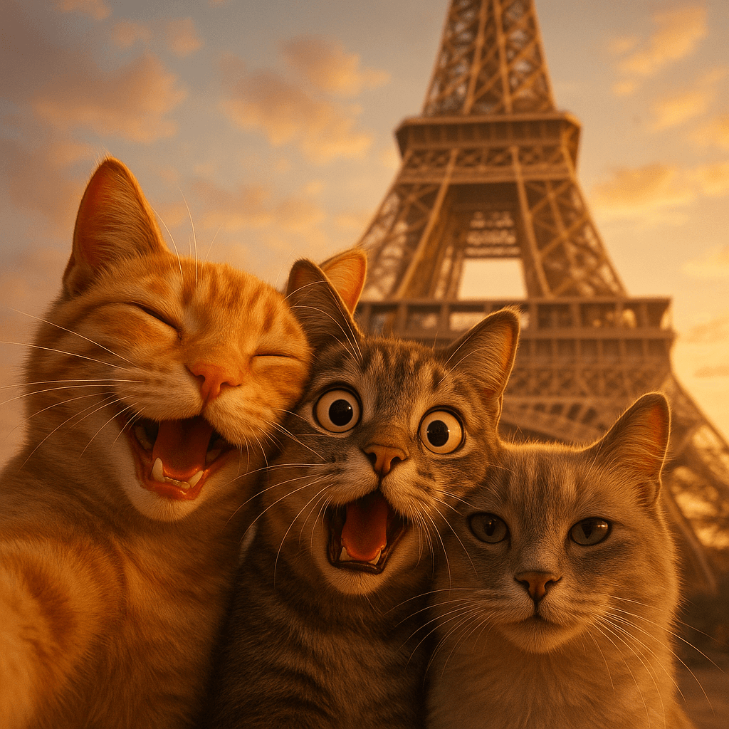 三只动物与地标自拍